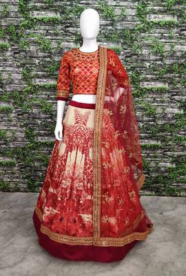 Red Embroidered Art Silk Unstitched Lehenga 2