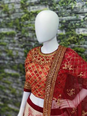 Red Embroidered Art Silk Unstitched Lehenga 3