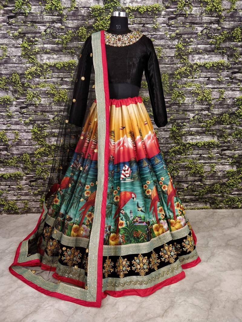Multicolor Embroidered Art Silk Unstitched Lehenga