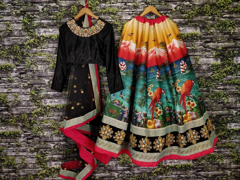Multicolor Embroidered Art Silk Unstitched Lehenga