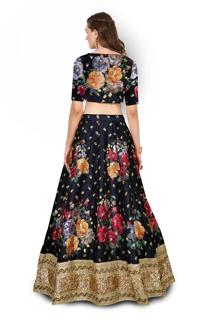Black Embroidered Art Silk Unstitched Lehenga