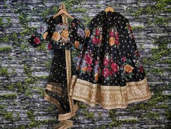 Black Embroidered Art Silk Unstitched Lehenga 4