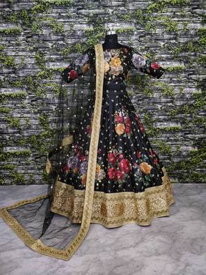 Black Embroidered Art Silk Unstitched Lehenga 6