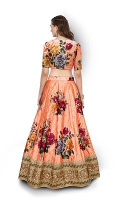 Orange Embroidered Art Silk Unstitched Lehenga 2
