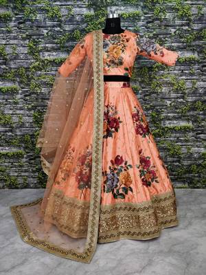 Orange Embroidered Art Silk Unstitched Lehenga 3