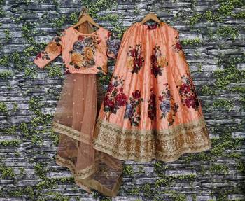 Orange Embroidered Art Silk Unstitched Lehenga 4