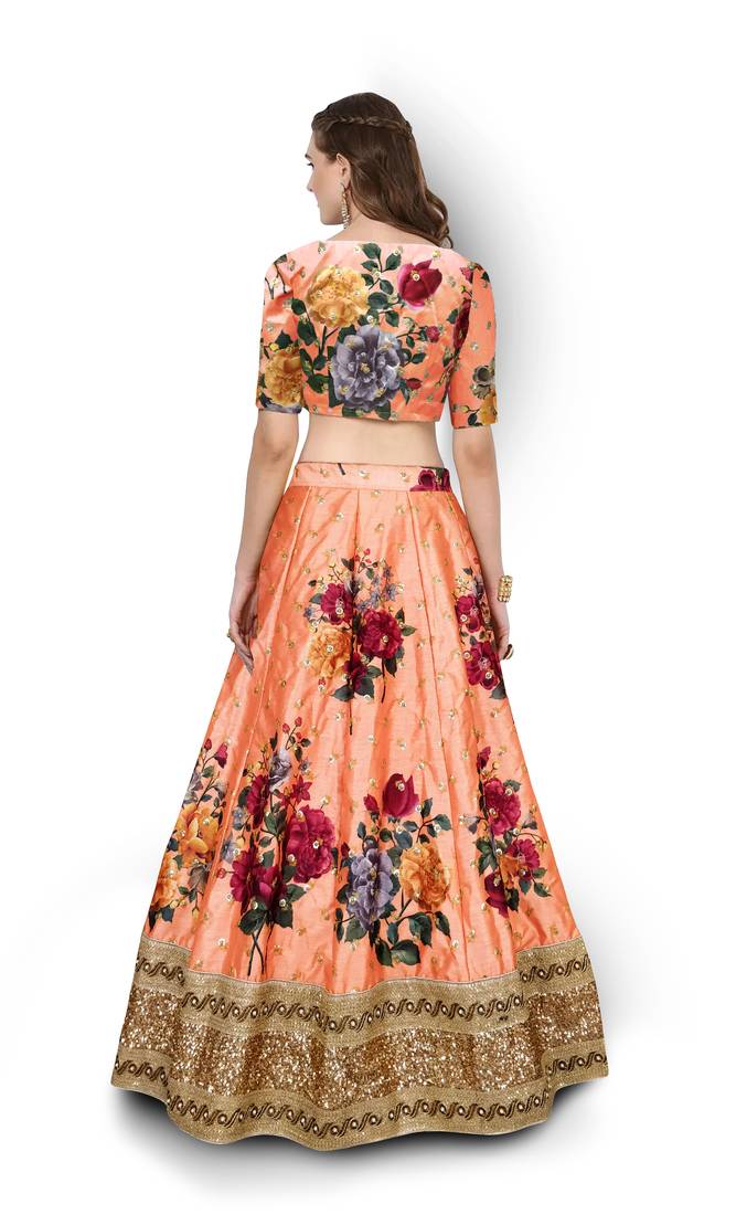 Orange Embroidered Art Silk Unstitched Lehenga