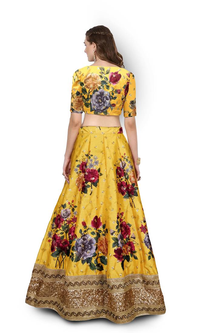 Yellow Embroidered Art Silk Unstitched Lehenga