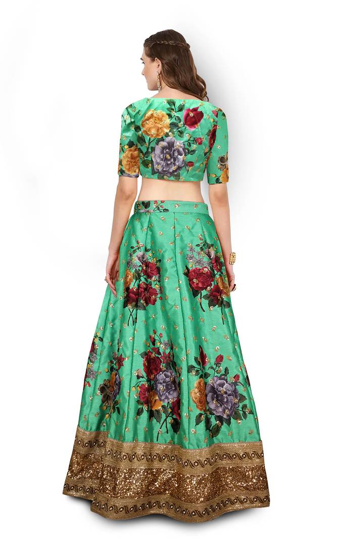 Green Embroidered Art Silk Unstitched Lehenga