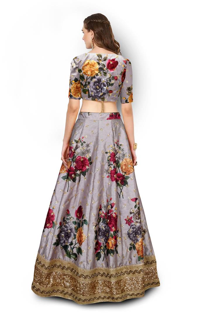 Grey Embroidered Art Silk Unstitched Lehenga