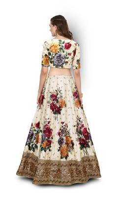 Cream Embroidered Art Silk Unstitched Lehenga 2