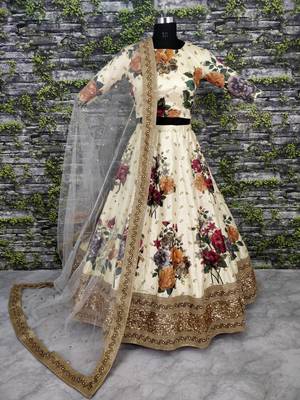Cream Embroidered Art Silk Unstitched Lehenga 3