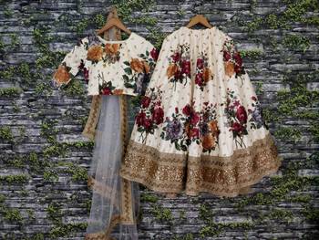 Cream Embroidered Art Silk Unstitched Lehenga 4