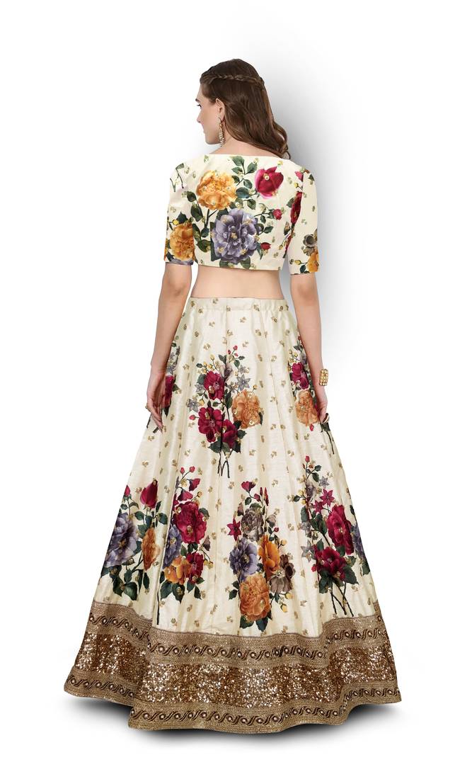 Cream Embroidered Art Silk Unstitched Lehenga
