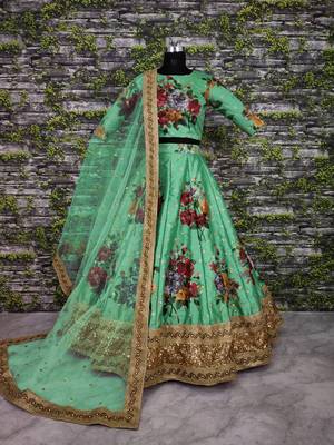 Green Embroidered Art Silk Unstitched Lehenga 3