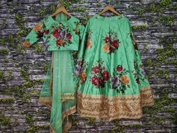 Green Embroidered Art Silk Unstitched Lehenga 4