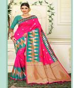 Pink woven jacquard saree with blouse