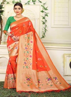 Orange woven jacquard saree with blouse 1