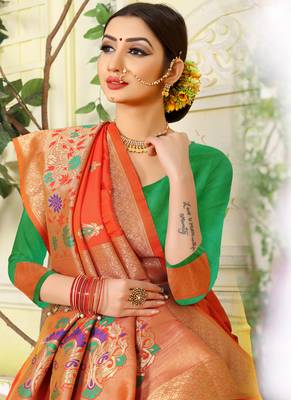 Orange woven jacquard saree with blouse 2