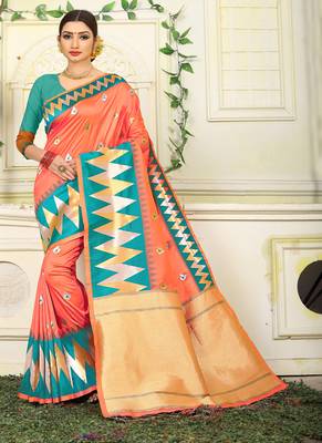 Orange woven jacquard saree with blouse 1