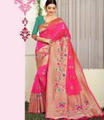 Rani pink woven jacquard saree with blouse