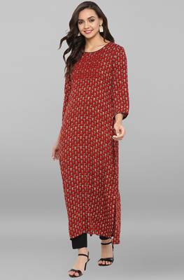 Janasya Maroon printed rayon ethnic kurta and narrow pant 2