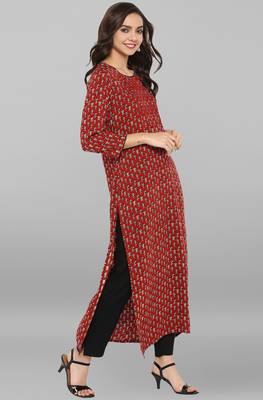 Janasya Maroon printed rayon ethnic kurta and narrow pant 4
