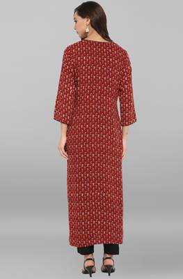 Janasya Maroon printed rayon ethnic kurta and narrow pant 5