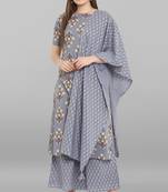 Janasya Grey printed cotton ethnic kurta with palazzo and dupatta