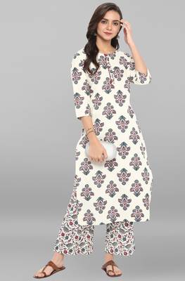 Janasya Cream printed cotton ethnic kurta with straight pant 1