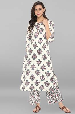 Janasya Cream printed cotton ethnic kurta with straight pant 2