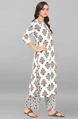Janasya Cream printed cotton ethnic kurta with straight pant 4