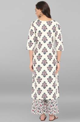 Janasya Cream printed cotton ethnic kurta with straight pant 5