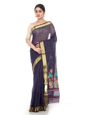 Blue Woven Cotton Silk Saree With Blouse 1
