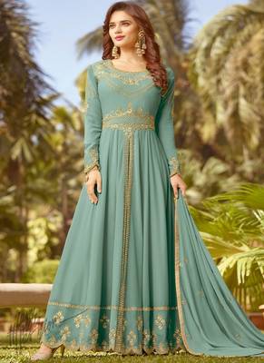 sky-blue Embroidary georgette with semi-stitch anarkali suit 1