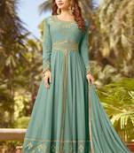 sky-blue Embroidary georgette with semi-stitch anarkali suit