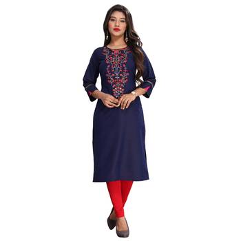 Navy blue embroidered rayon ethnic kurtis 1