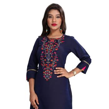 Navy blue embroidered rayon ethnic kurtis 4