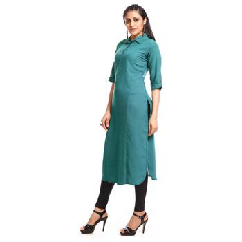 Turquoise plain cotton kurtas and kurtis 3