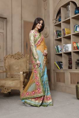 Orange embroidered georgette saree with blouse 2