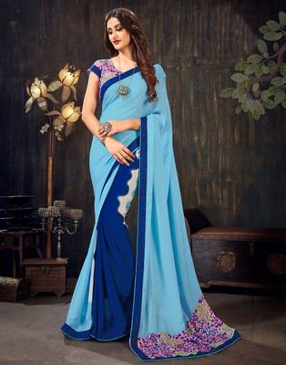 Blue printed chiffon saree with blouse 1