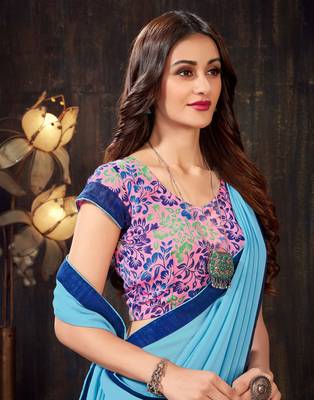 Blue printed chiffon saree with blouse 2