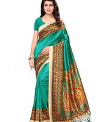 Turquoise printed poly silk saree with blouse