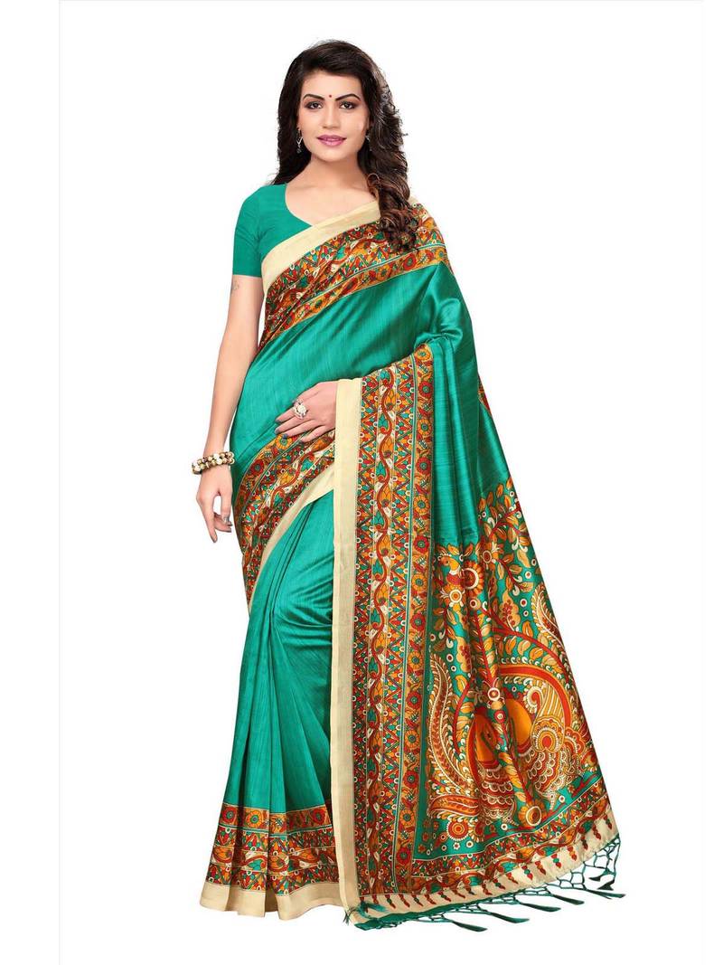 Turquoise printed poly silk saree with blouse