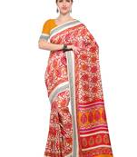 Off White Printed Polyester Saree With Blouse
