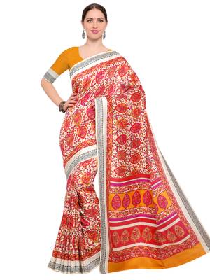 Off White Printed Polyester Saree With Blouse 2