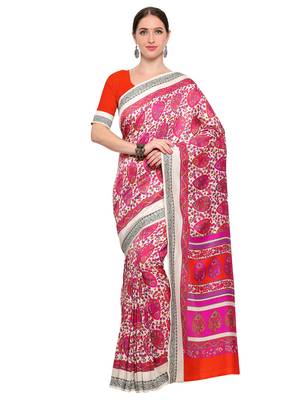 Off White Printed Polyester Saree With Blouse 1