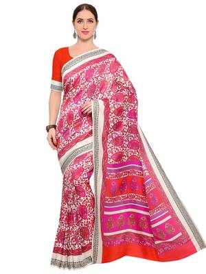 Off White Printed Polyester Saree With Blouse 2