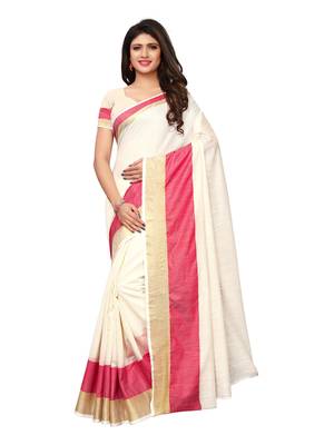 Off white plain cotton silk saree with blouse 1