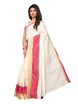 Off white plain cotton silk saree with blouse 2